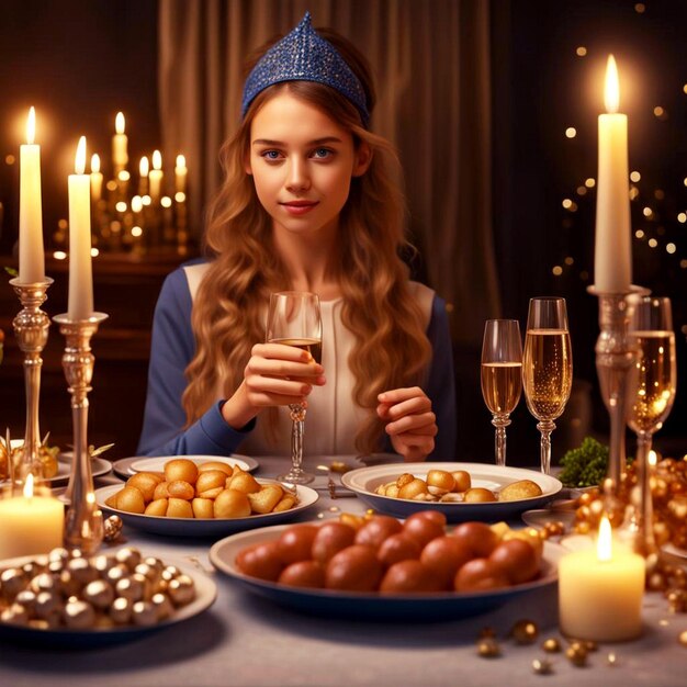 Young girl at Hanukkah dinner table with delicious food with wine decoration champagne elegance