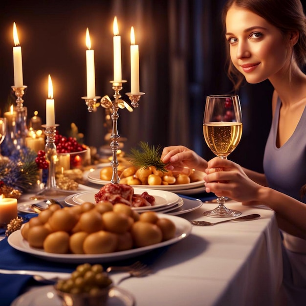 Young girl at Hanukkah dinner table with delicious food with wine decoration champagne elegance