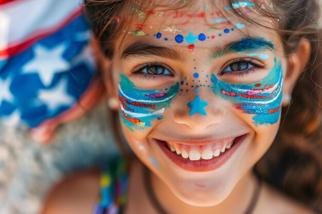 Young girl happily smiles with red white and blue face paint celebrating a patriotic american