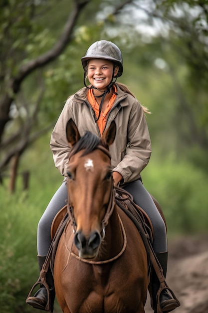 A young girl having fun on a horseback ride outdoors created with generative ai