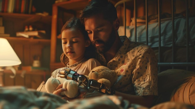 A young girl and her father with a prosthetic arm sit in a cozy dimly lit bedroom sharing a bedtime