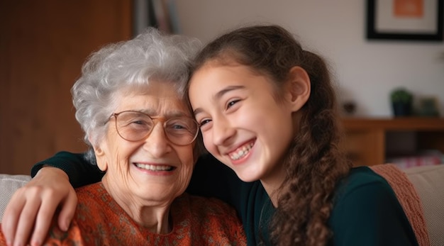 A young girl and her grandmother smile at the camera.