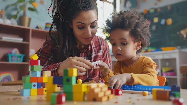 A young girl and her teacher play with blocks in a classroom