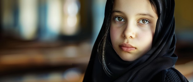 Young girl in hijab with a poignant gaze symbolizing innocence and strength