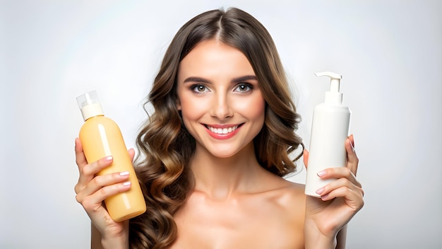 young girl hold blank shampoo bottle and condition