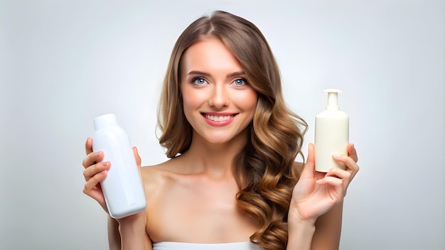 young girl hold blank shampoo bottle and condition