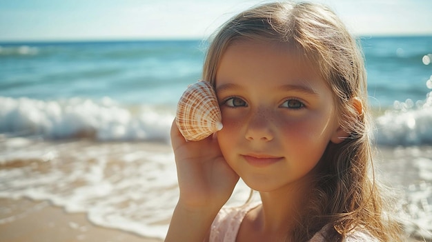 A Young Girl Holding a Beautiful Seashell to Her Ear While Standing by the Beach