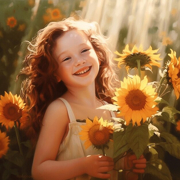 a young girl holding a bunch of sunflowers in a field