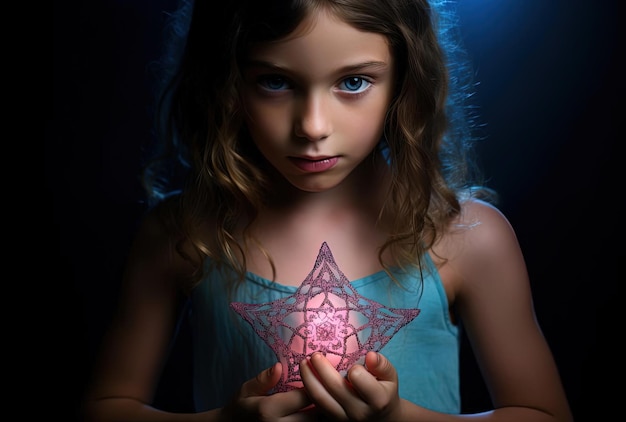 a young girl holding a jewish star of david in the style of tactile richness