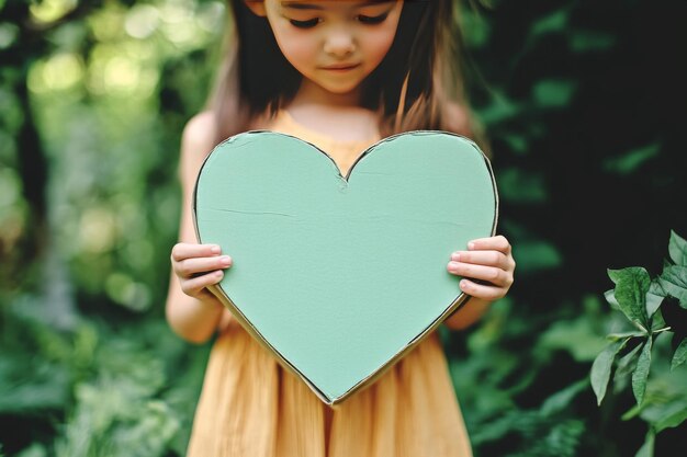 Photo young girl holding a large green heart symbolizing youth and the nurturing of tender emotions