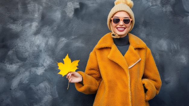 Photo a young girl holding a maple leaf in hand with hat and glasses in autumn season