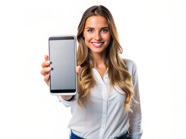 A young girl holding mobile for promotion and very happy