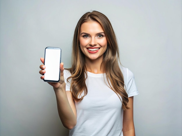 A young girl holding mobile for promotion and very happy