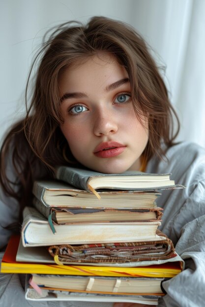 Young Girl Holding Stack of Books