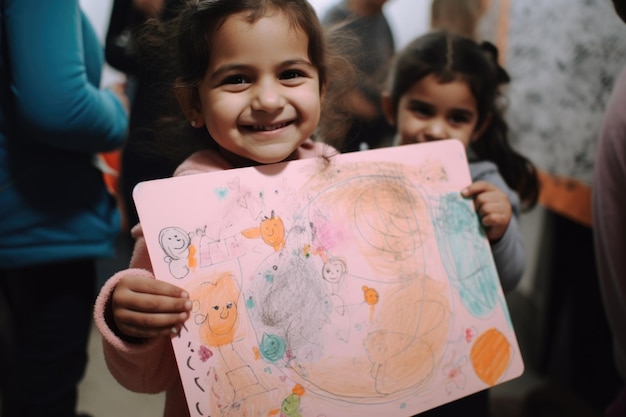 A young girl holding up a drawing she made created with generative ai