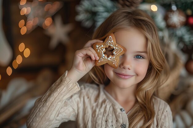 Photo a young girl holding up an gingerbread cookie