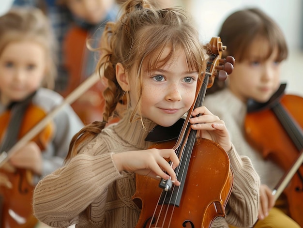 Photo young girl holding violin during string instrument class