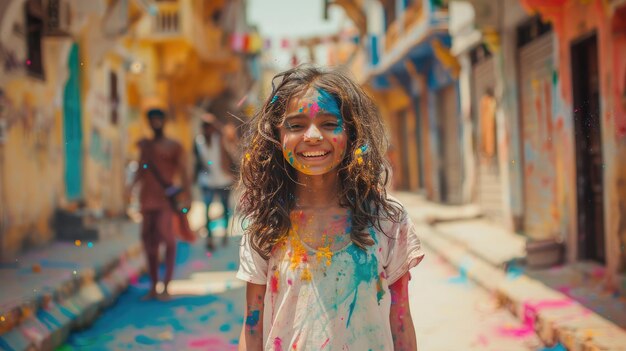 Young girl at Holi festival in India Face and hands in bright colors