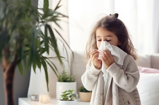 Young girl at home blowing nose into a handkerchief Seasonal illnesses in childhood influenza scene