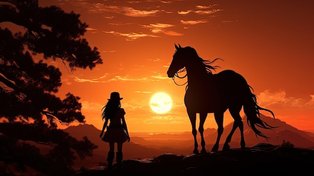 Young girl on horseback gazes into sunrise silhouette concept