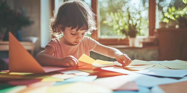 Photo a young girl intensely focused on folding colorful paper at a table for a craft project surrounded by natural light streaming through large windows