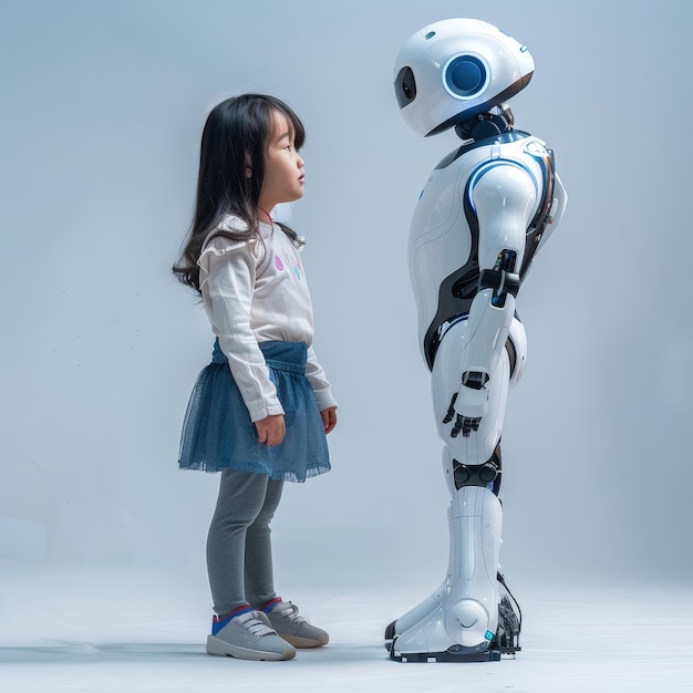 Young Girl Interacts with Sleek Humanoid Robot