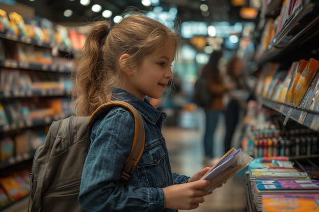 Photo a young girl is browsing through a book store holding a book in her hands