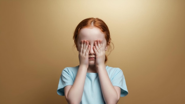 A young girl is covering her eyes with her hands