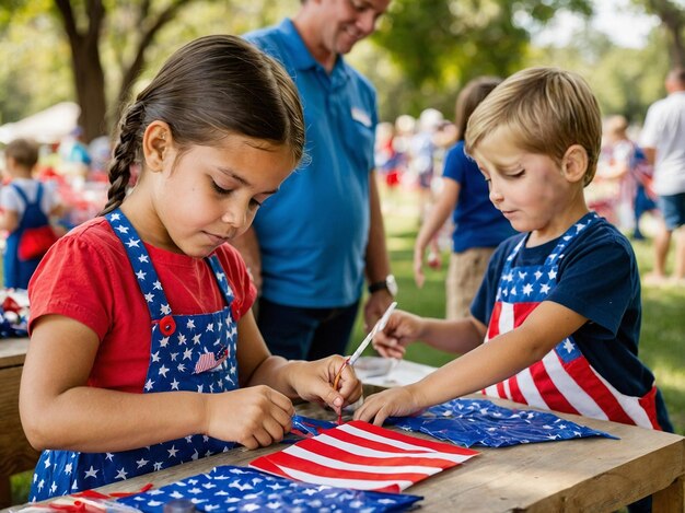 Photo a young girl is cutting a flag with a man in a blue shirt