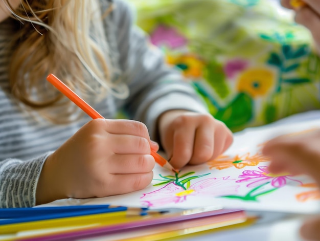 Photo a young girl is drawing a picture on a piece of paper