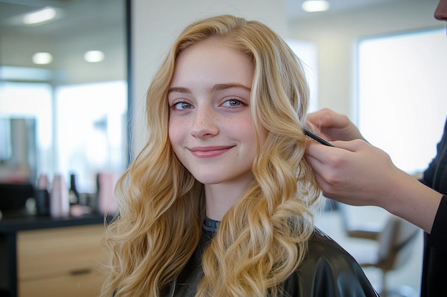 a young girl is getting her hair done by a hairdresser