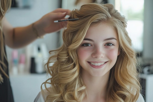 a young girl is getting her hair done by a hairdresser