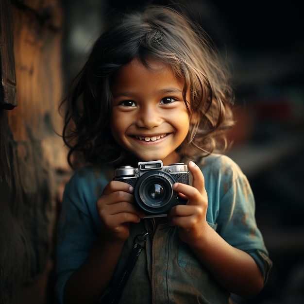 A young girl is holding a camera and smiling.