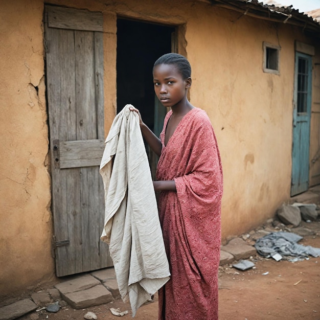 Photo a young girl is holding a cloth in front of a house