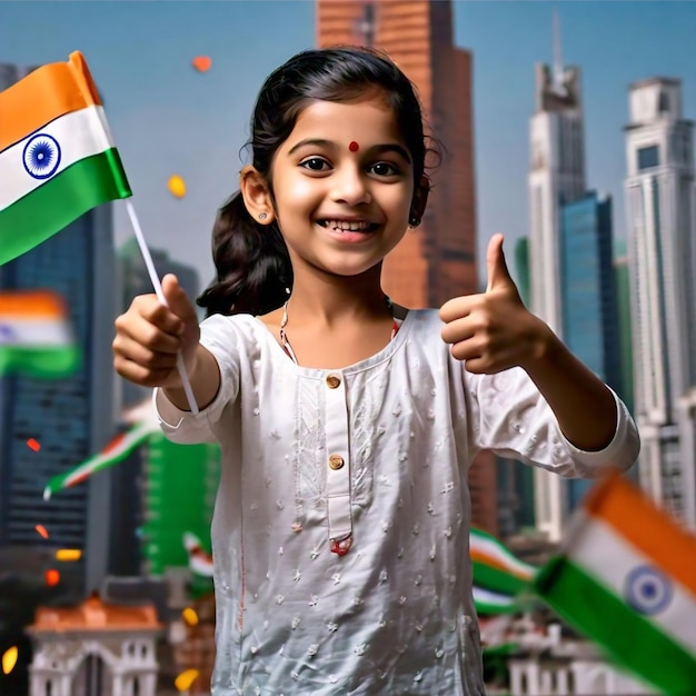 a young girl is holding a flag and giving a thumbs up