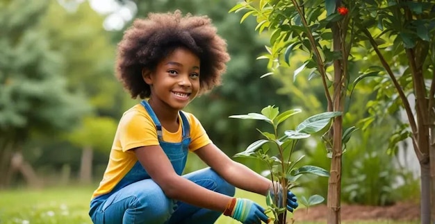 a young girl is holding a plant in her hands