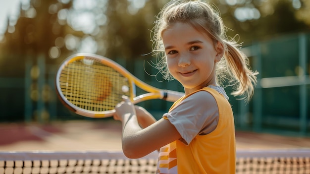 Photo a young girl is holding a tennis racket and smiling