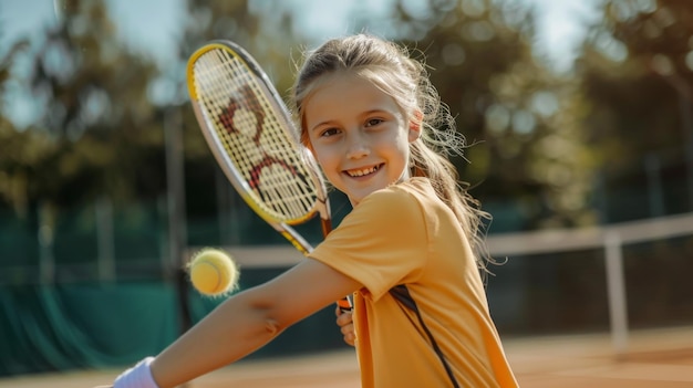 Photo a young girl is holding a tennis racket and smiling