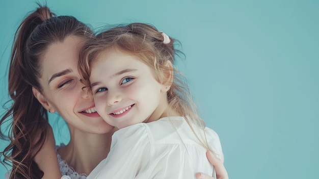 a young girl is hugging a mother and smiling