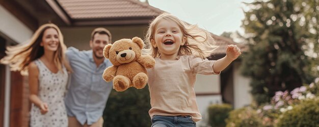 Photo young girl is joyfully running with her teddy bear her parents chasing behind her with smiles