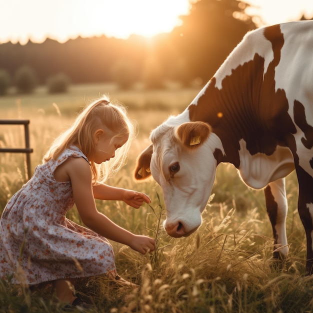 A young girl is petting a cow in a field.