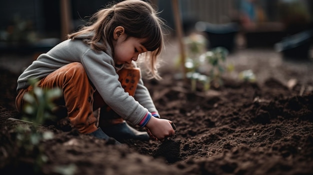 A young girl is planting in a garden.