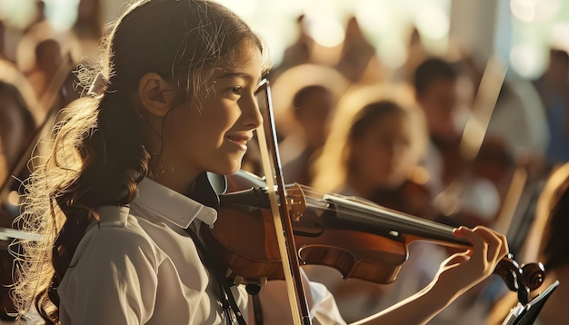 A young girl is playing the violin in front of a crowd