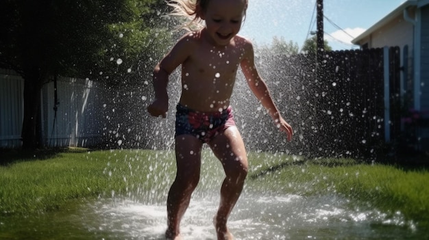 A young girl is playing in a water sprinkler.