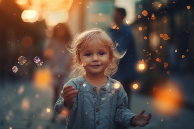 A young girl is playing with bubbles in the street.