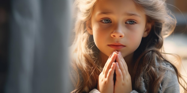 Young girl is praying with her hands clasped together