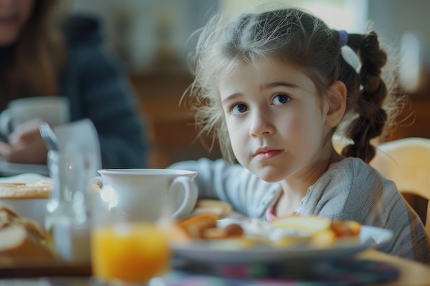 A young girl is seated at a table with a plate of food Perfect for illustrating mealtime or healthy eating habits