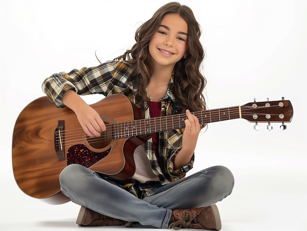 young girl is sit playing the guitar with white background