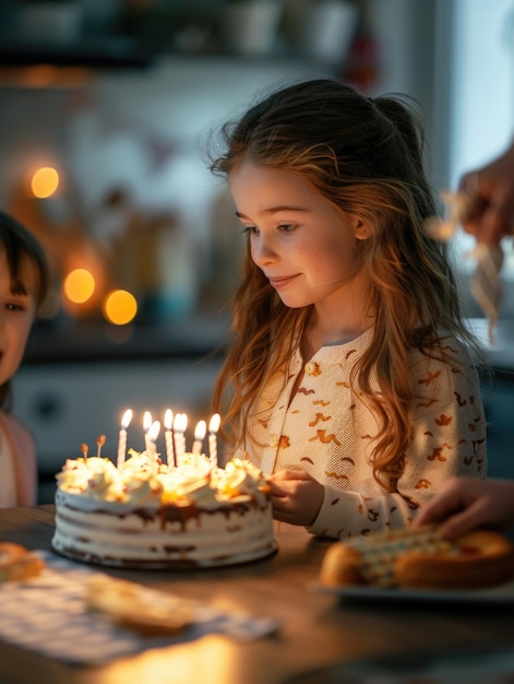 A young girl is sitting at a table with a cake in front of her