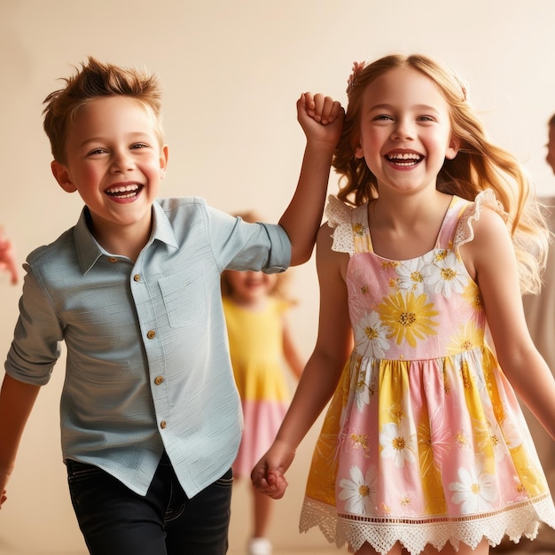 a young girl is smiling and holding hands with a girl wearing a dress that says the picture is t